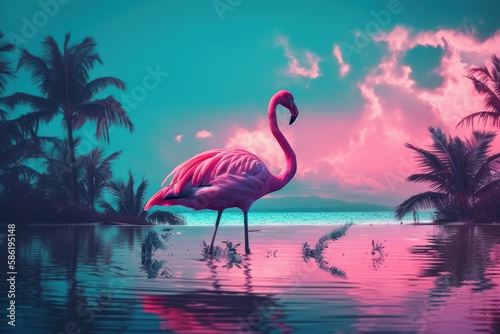 Flamingo on tropical beach abstract background. Retro tone color style. Generative ai