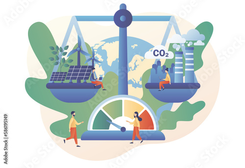 Reduce emission CO2. Scales with ecofriendly and factory. Sustainability concept. Net zero emissions and carbon dioxide neutral balance. Modern flat cartoon style. Vector illustration