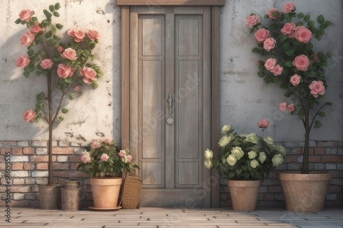 Background. Door and roses in pots. AI generative.