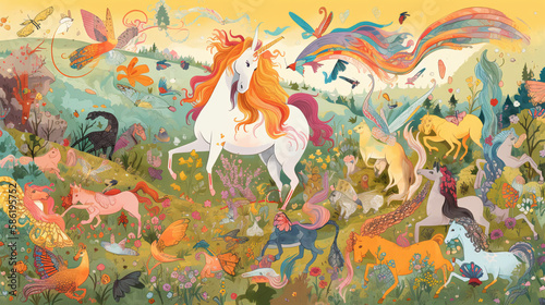Fairytale art with unicorn and animals generative ai