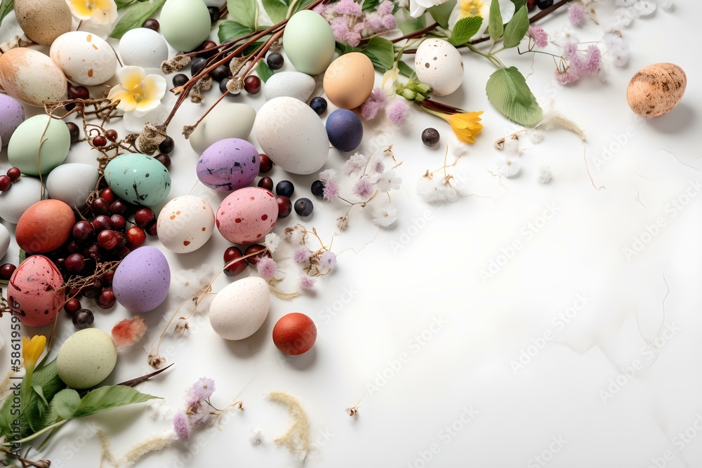 Easter eggs and flowers on a white background. Generative AI Easter eggs and flowers on a white background. Generative AI