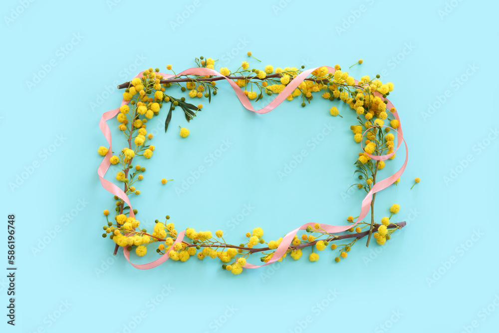 Fototapeta premium Top view image of spring yellow mimosa flowers composition over pastel blue background