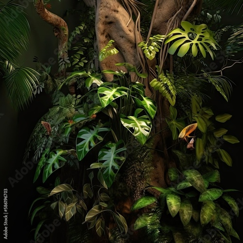 Rainforest tree trunk with tropical foliage plants ai generated