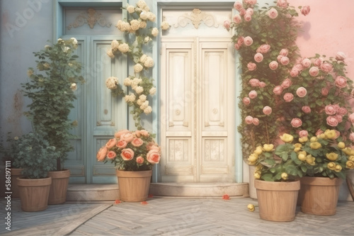 Background. Wooden doors and flowers in pots, pastel colors. AI generative.