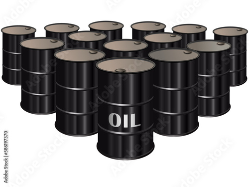 Oil barrel store illustration. Crude petroleum stock. Diesel or petrol barrels. Fuel gasoline tanks. White background.