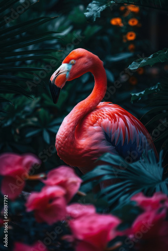 Flamingo in tropical nature forrest abstract background. Animal and environment concept. Generative ai © tonktiti