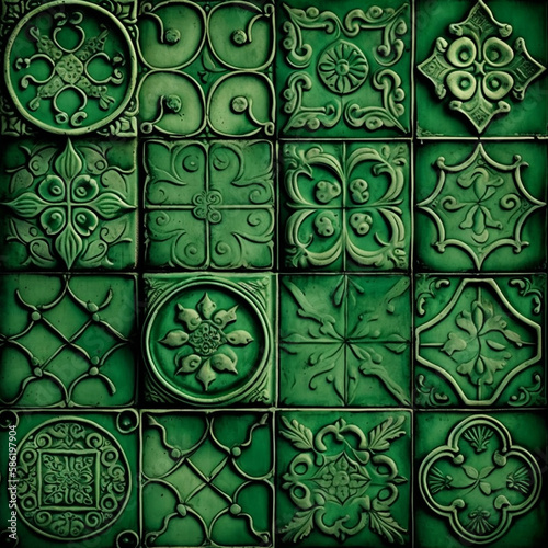 Green vintage mosaic tile background. Abstract geometric ceramic azulejo pattern in spanish or moroccan style. Generative AI