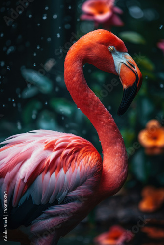Flamingo in tropical nature forrest abstract background. Animal and environment concept. Generative ai