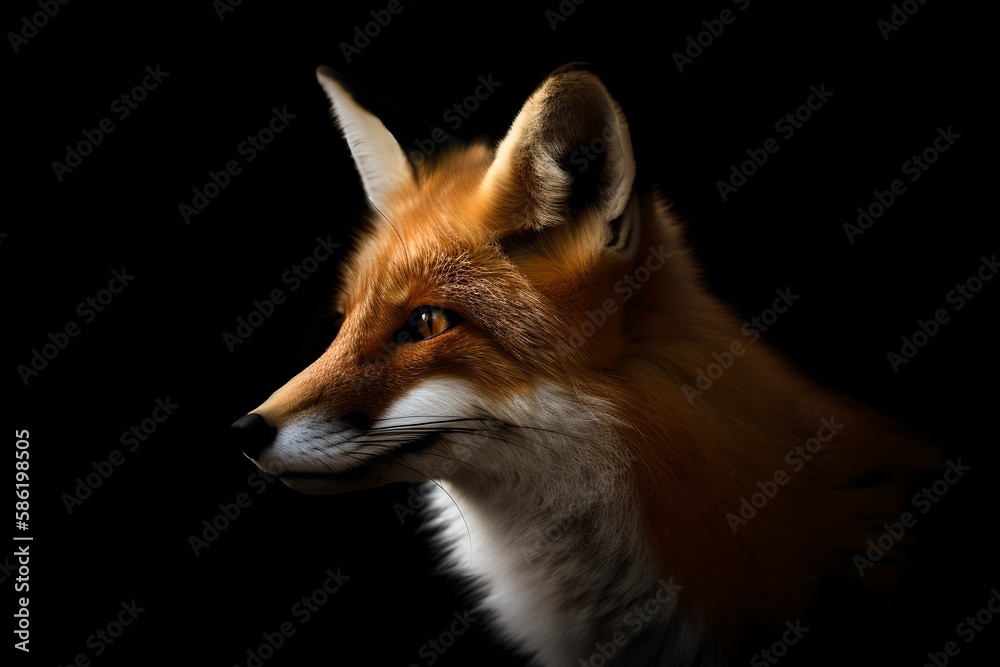 Fototapeta premium Closeup Portrait of Red Fox in Profile Isolated on black background - Generative AI