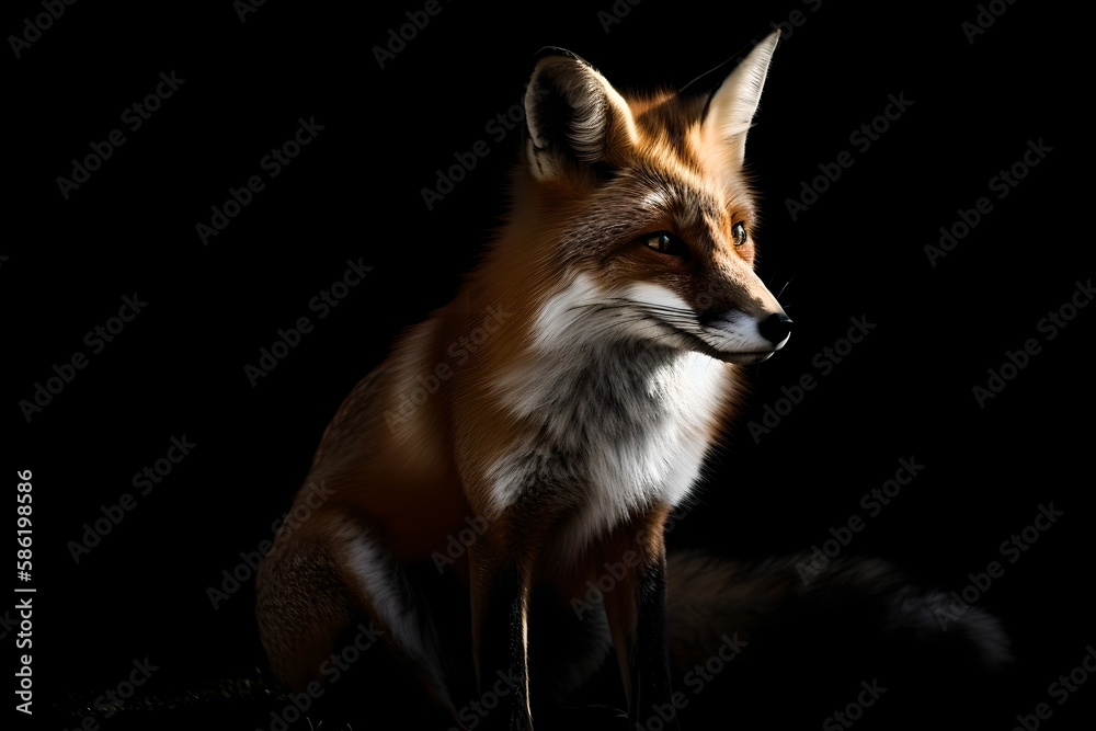 Fototapeta premium Portrait of a beautiful red fox on a contrasting black background - Generative AI