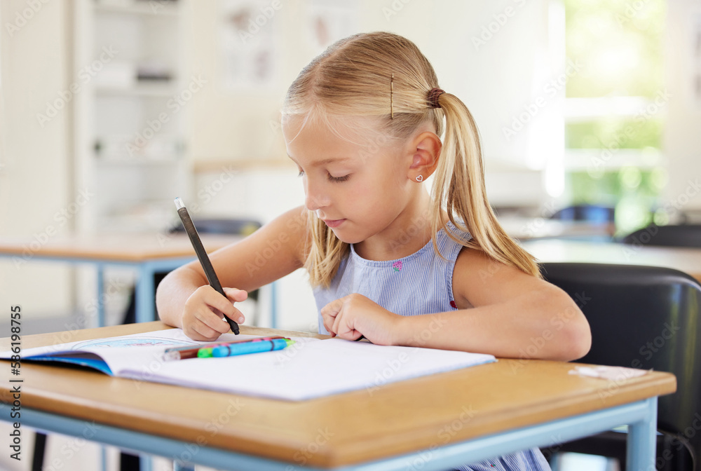 Education, drawing and girl in classroom learning, exam or studying with book. Preschool, development and serious kid and student with creative art in notebook, writing and knowledge in kindergarten. Education, drawing and girl in classroom learning, exam or studying with book. Preschool, development and serious kid and student with creative art in notebook, writing and knowledge in kindergarten.