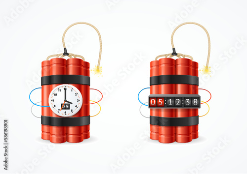 Realistic Detailed 3d Red Detonate Dynamite Bomb Stick and Different Explosion Timer Clock Set. Vector illustration