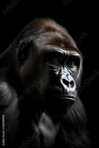 Portrait photo of a gorilla with black background - Generative AI