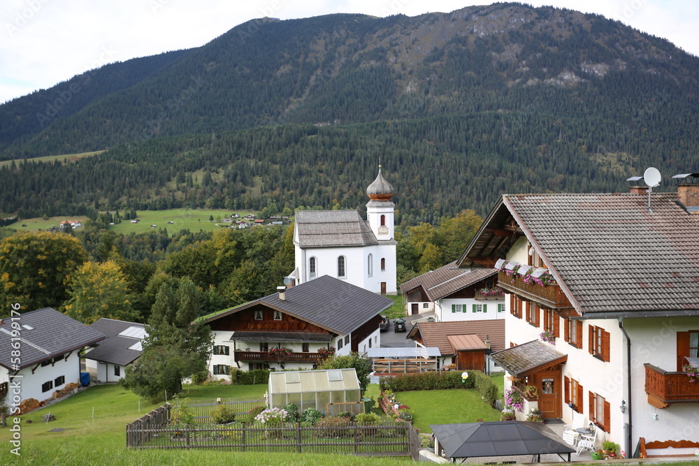 The picturesque church village Wamberg on impressive mountain landscape, near Garmisch Partenkirchen, Germany