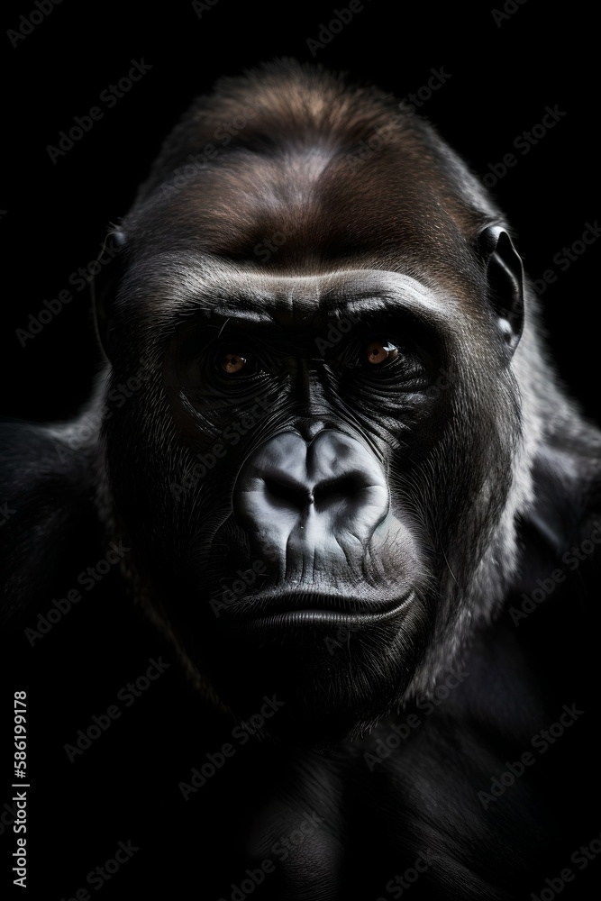 Portrait of a powerful dominant male gorilla, isolated black background - Generative AI Portrait of a powerful dominant male gorilla, isolated black background - Generative AI