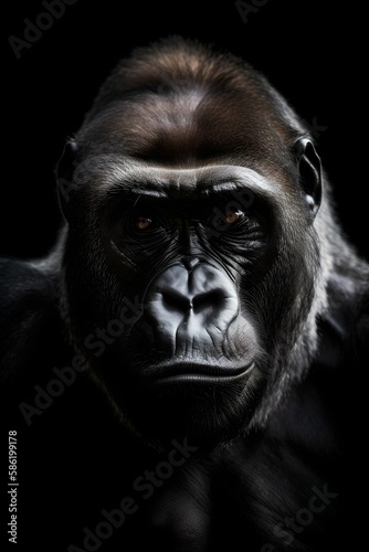 Portrait of a powerful dominant male gorilla, isolated black background - Generative AI
