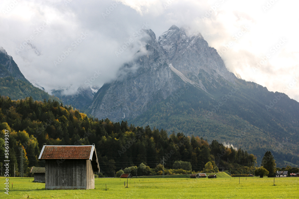 Neighborhood of Garmisch Partenkirchen. View of the Zugspitze 