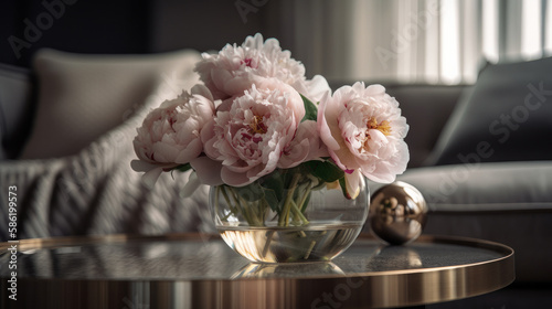 Peony flowers in interior. Illustration AI Generative.