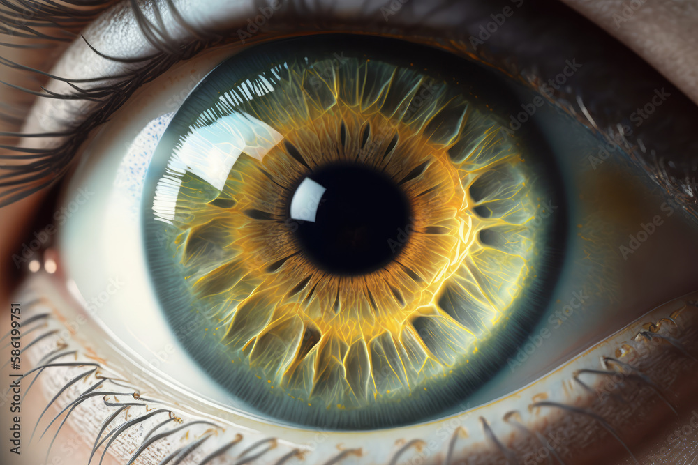 Human eye ball capture zoom. Closeup beauty macro shot of woman's eye. Generative AI art.