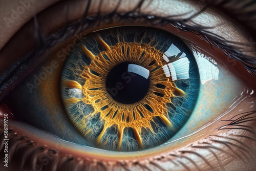 Human eye ball capture zoom. Closeup beauty macro shot of fantasy color eye. Generative AI art.