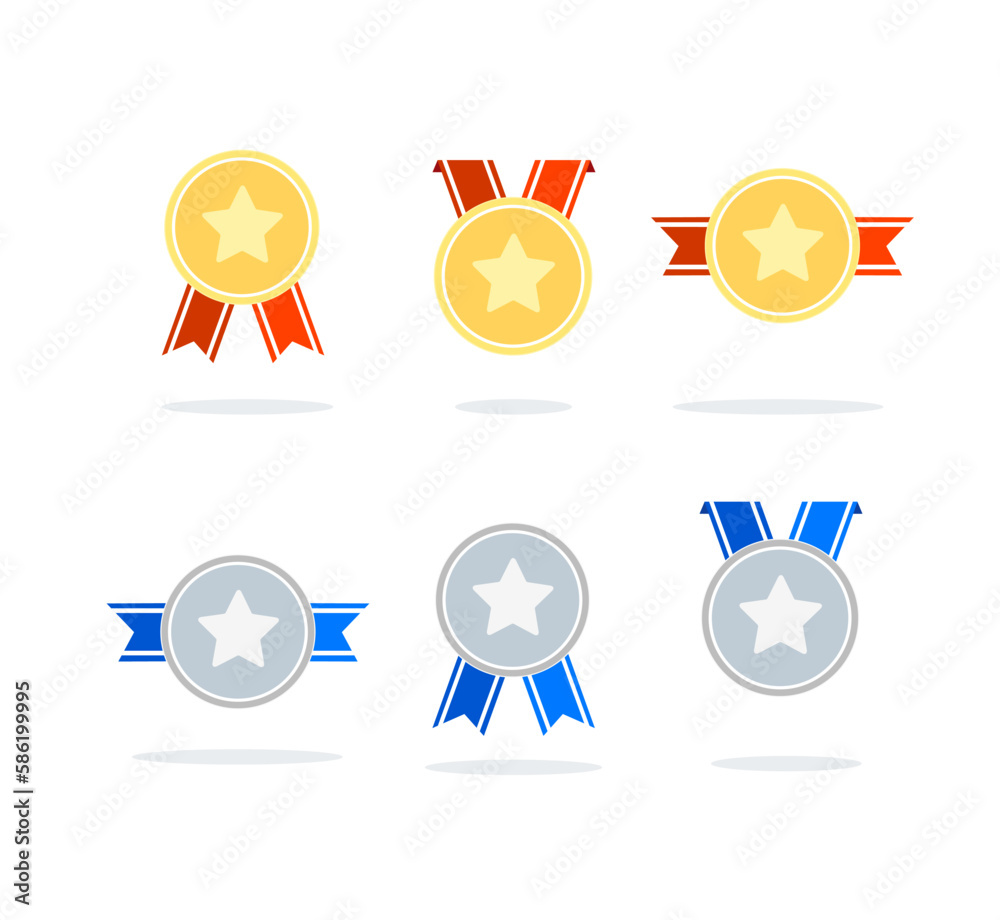 Cartoon Color Different Minimal Awards Set Concept Flat Design Style. Vector illustration of Gold and Silver Medal with Ribbon