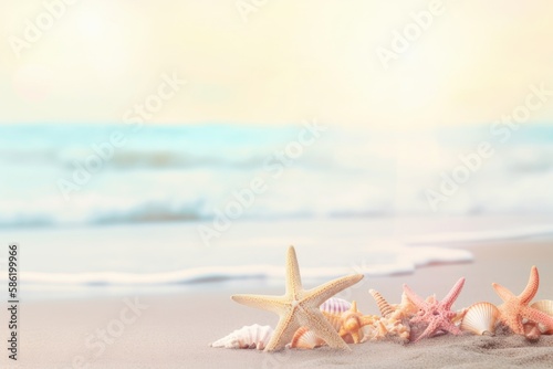 Summer background  hot sand beach landscape  sea coast and shells and starfish. Gentle colors  summer concept of travel and vacation in tropical places. Generative AI.