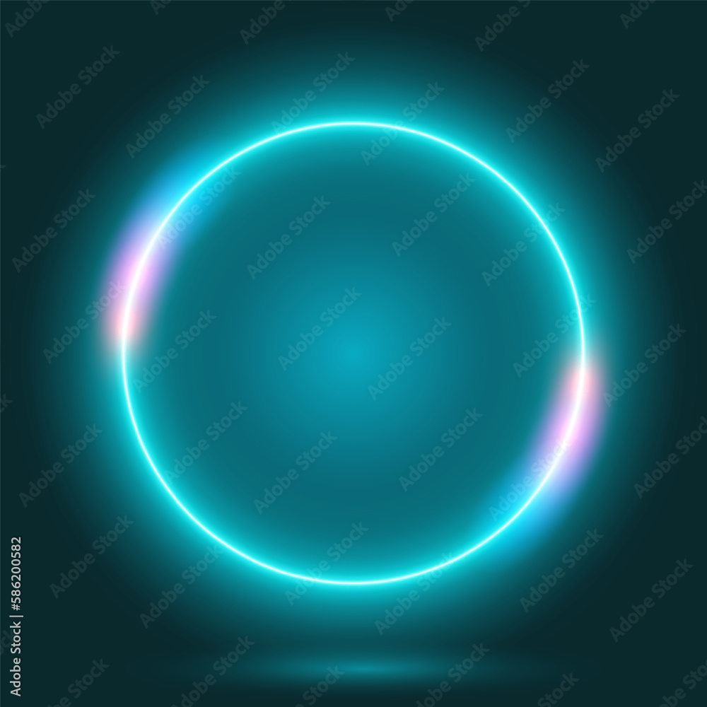 Neon ring light, blue glowing circle with rainbow lights, isolated vector illustration. Neon ring light, blue glowing circle with rainbow lights, isolated vector illustration.