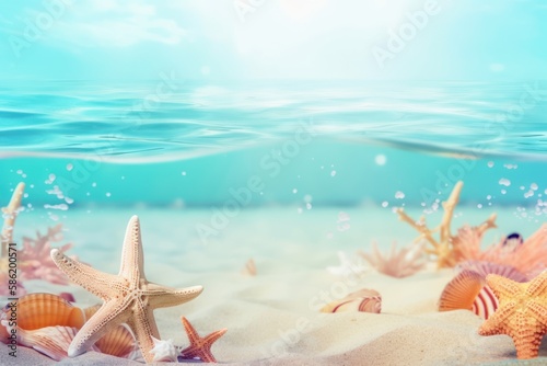 Summer background, hot sand beach landscape, sea coast and shells and starfish. Gentle colors, summer concept of travel and vacation in tropical places. Generative AI.