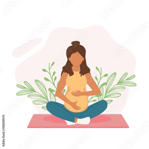 Pregnant woman in lotus posture. Concept of pregnant yoga, meditation, health, care, exercises. Vector illustration in flat style