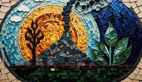 This mosaic artwork depicts a world where greenhouse gas emissions are being reduced. The image shows a clean. Generated by AI.