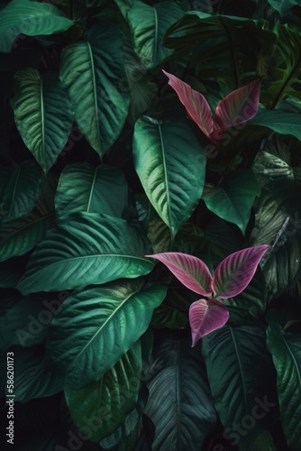 Tropical summer background with fresh green palm leaves  exotic plants. Generative AI.