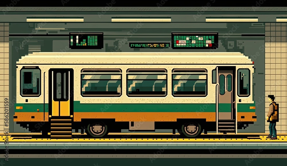 This colorful pixel art showcases the convenience and efficiency of public transportation, featuring buses, trains, and subways in a playful and nostalgic style. Generated by AI.
