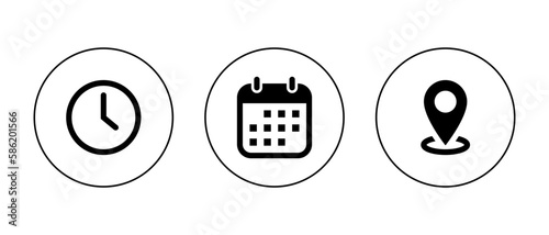 Time, date, and address icon vector isolated on circle outline