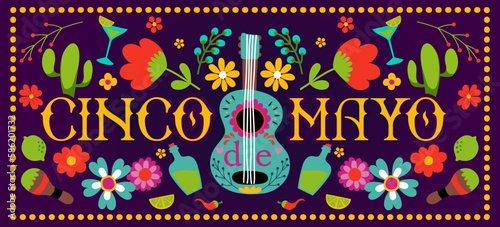 Cinco de Mayo, fifth of May in Mexico - Holiday quote on purple background with beautiful Mexican symbols.  Good for t-shirt, mug, home decoration, gift, printing press. Holiday quote. 