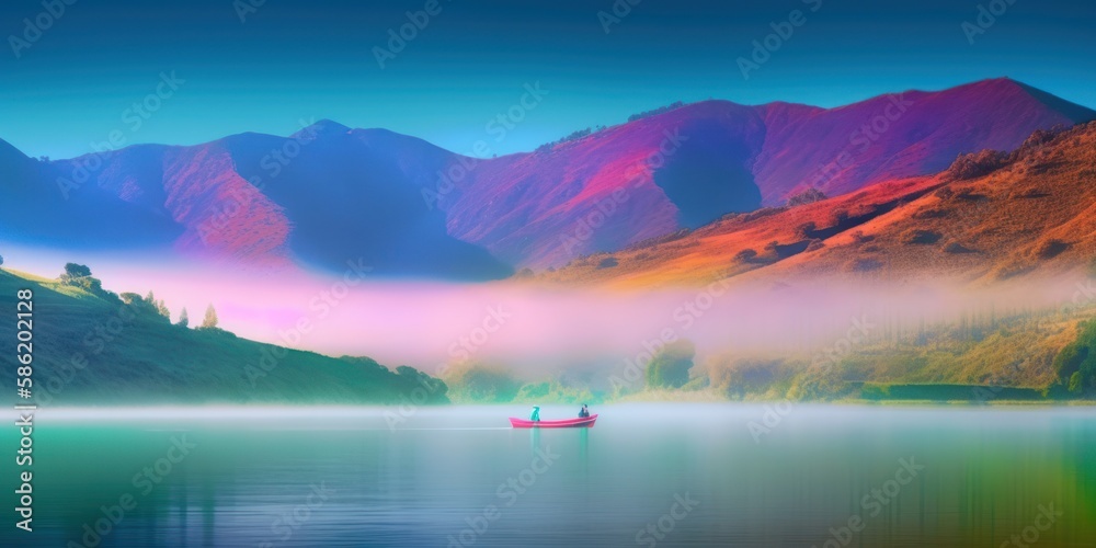 Romantic beautiful natural landscape, an oasis of peace, high mountains covered with forest, boating on the lake under a clear sky. Generative AI.