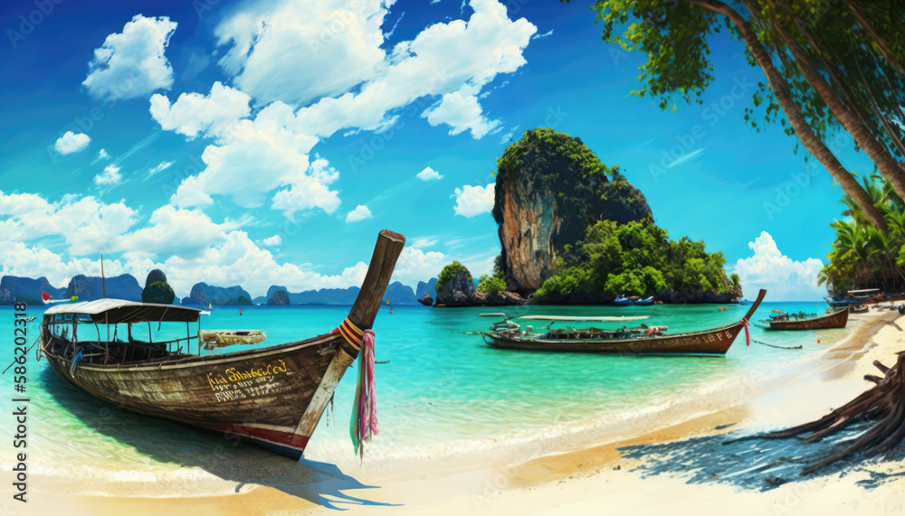 Fototapeta premium Thai sea beach, tropical island, sea view, longtail boat. Summer vacation in Thailand. Tropical landscape, white sand beach, palm trees, blue calm sea. Generative ai illustration