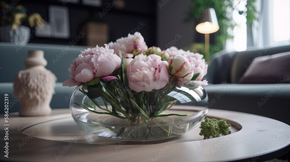 Fototapeta premium Peony flowers in interior. Illustration AI Generative.