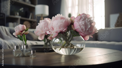Peony flowers in interior. Illustration AI Generative.