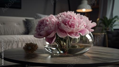 Peony flowers in interior. Illustration AI Generative.