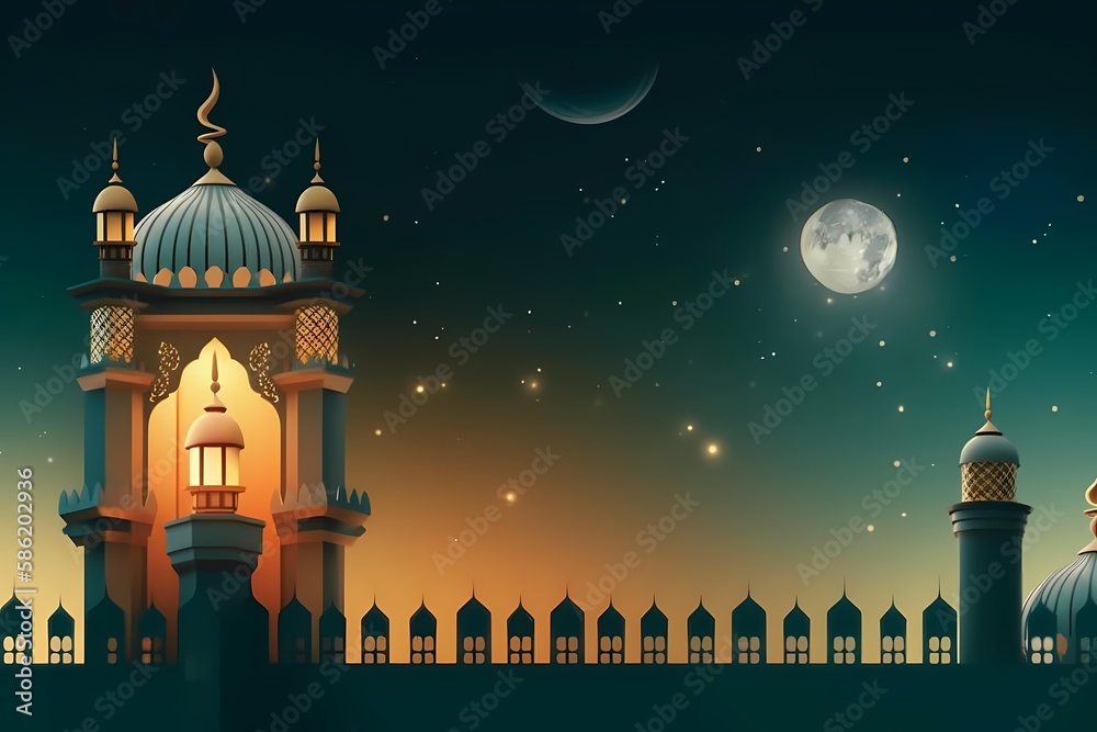 Ramadan kareem background with moon night view and mosque, lantern background Illustration Generative ai