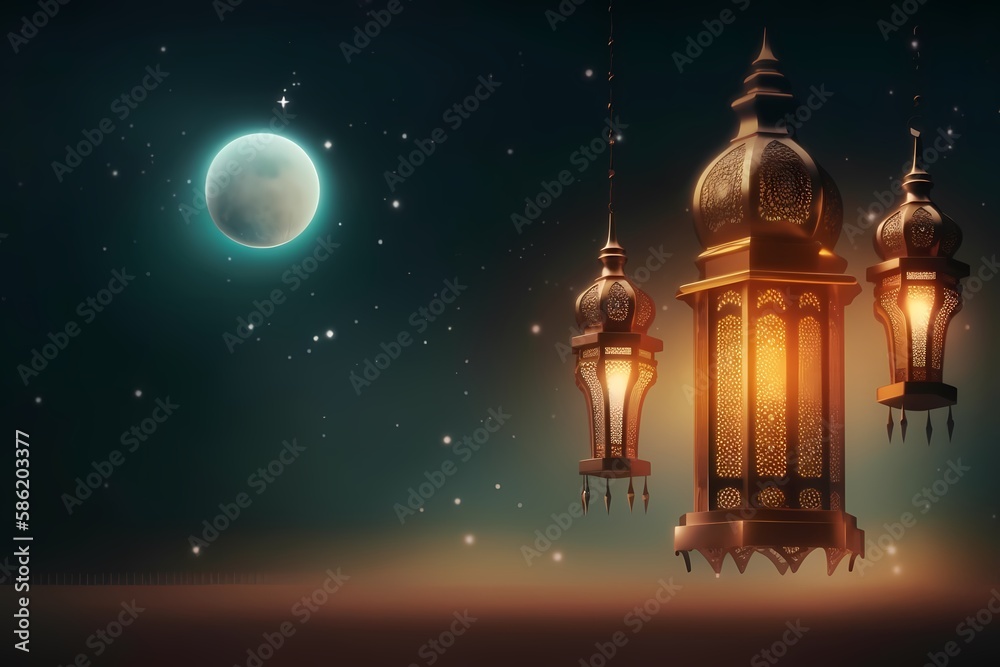Ramadan kareem background with moon night view and mosque, lantern background Illustration Generative ai Ramadan kareem background with moon night view and mosque, lantern background Illustration Generative ai