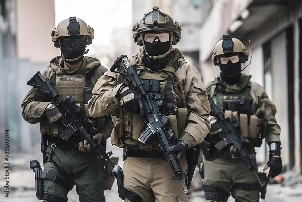 special forces soldiers in action in a theater of war. Generative AI special forces soldiers in action in a theater of war. Generative AI