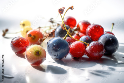 Fresh fruits on table with light from window abstract background. Food and healthy concept. Generative ai