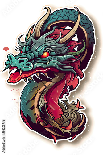 Colorful dragon sticker, t-shirt design, linerart. Generative ai