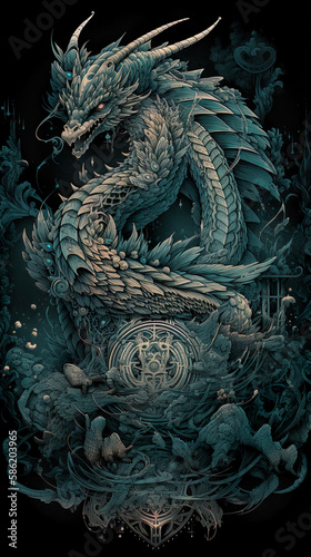 Dragon illustration, detailed t-shirt design. Generative ai © Robbot17