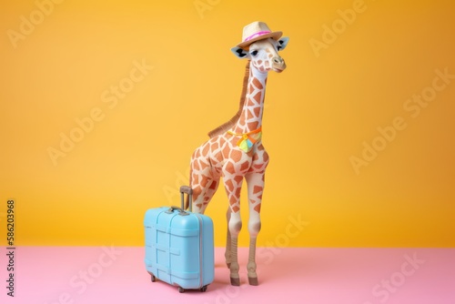 Animal abstract creative concept of giraffe preparing for summer trip, tourist giraffe with suitcase on pastel background. Generative AI.