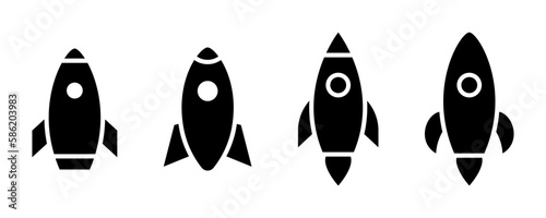 Rocket icons set. Spaceship symbol. Black rocket icon. Startup symbol. Spacecraft sign. Spaceship silhouette. Startup illustration. Shuttle icon in black. Stock vector
