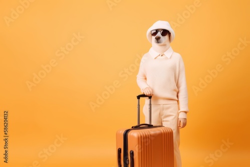 Animal abstract creative concept of polar bear preparing for summer trip, tourist bear with suitcase on pastel background. Generative AI.