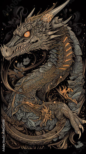 Dragon illustration  detailed t-shirt design. Generative ai