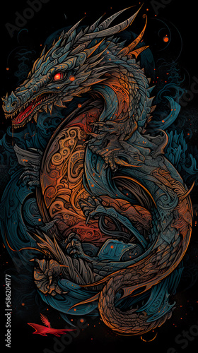 Dragon illustration  detailed t-shirt design. Generative ai